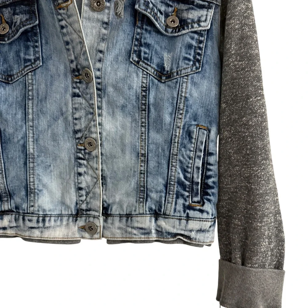 Maurices Hooded Denim Jacket Womens M Medium Blue Gray Mixed Media Trucker